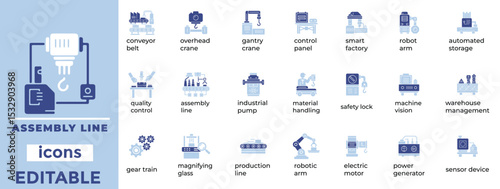 Editable assembly line vector icons designed for manufacturing, automation, and industry with a clean, modern style.