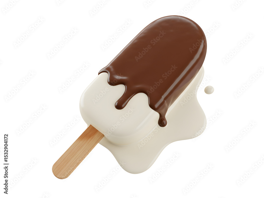 Obraz premium Delicious chocolate-coated ice cream bar with nuts and vibrant, melting pink and yellow popsicles on transparent and black backgrounds—perfect for food ads, summer treats, and desserts.