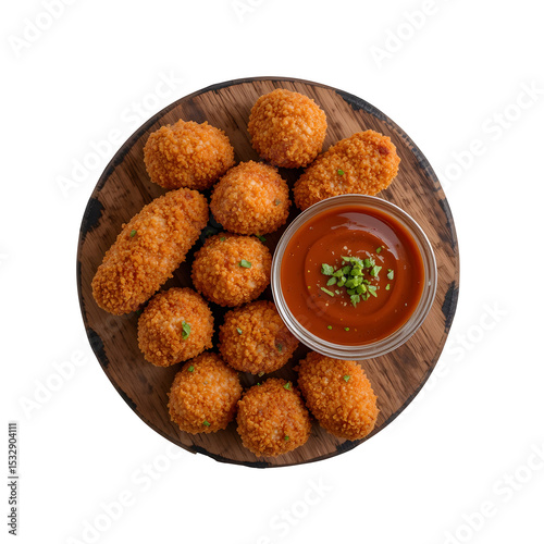 Delicious Fried Food on Wooden Plate with Tomato Sauce