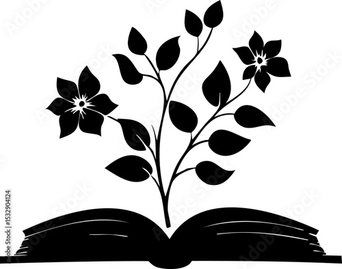 Elegant graphic emblem of blooming flowers emerging from an open book, ideal for logos related to reading, nature, or wellness.