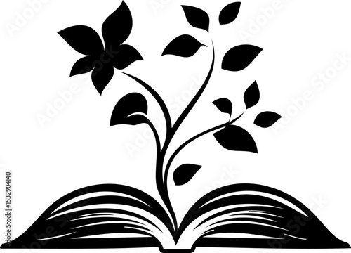 Vector silhouette logo of an open book with flowers growing from its pages, symbolizing knowledge, learning, and natural growth.