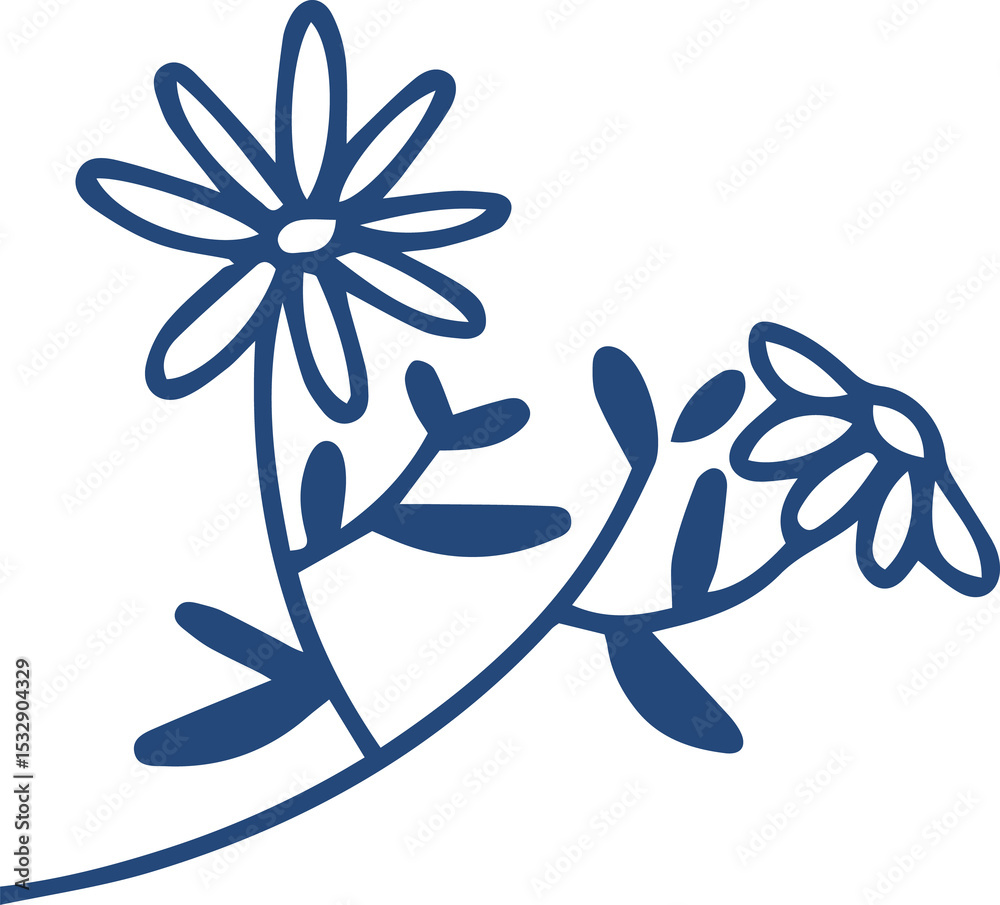 Fototapeta premium Flat line drawing is showing two daisy flowers on curved stem with leaves on transparent background