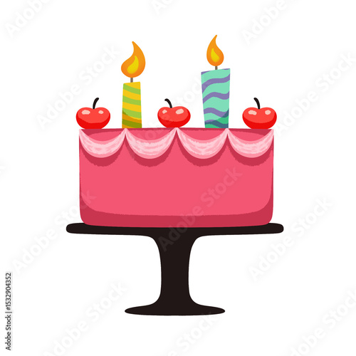 Flat pink cake is resting on black stand with three cherries, lit candles on transparent backdrop