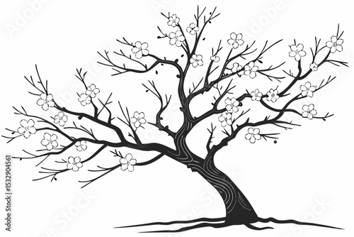 Black and white blossoming tree illustration