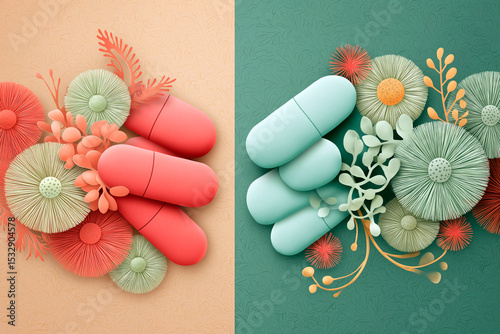 Colorful 3D capsules surrounded by botanical shapes in a stylized, abstract floral arrangement