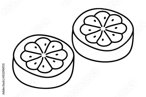 Two cute line-art citrus fruit slices cartoon illustration