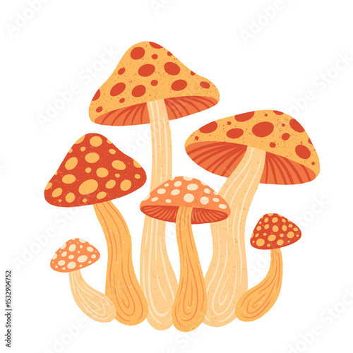 Six mushrooms are growing in flat design on transparent backdrop, yellow stems, orange-spotted caps