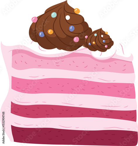 Flat cake slice illustration is showing frosting, choco swirls, sprinkles on transparent background