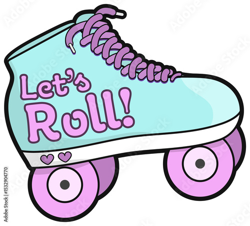 Pastel roller skate is pointing right on clear background in flat design showing wheels text hearts