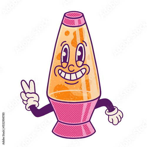 Cartoonish lava lamp is waving peace sign on transparent background, with pink base and amber blobs