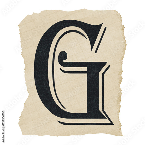 Stylized black letter G is being shown on torn beige paper in flat design, transparent background