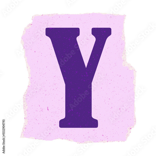 Purple letter Y is floating on torn speckled pink paper in flat design, with transparent background