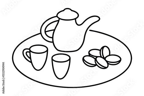 Tea time line art illustration tray teapot cups nuts