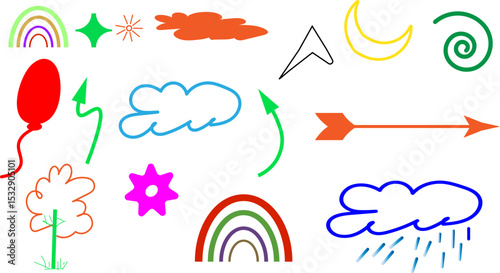 crayon child pencil style icon set, rainbow, heart, crown, flower a Chalk texture, sketch figure for play or school design, colorful kid doodle style.