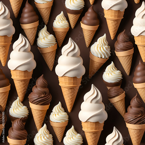Matte chocolate 3D ice cream cone texture evokes playful dessert whimsy in digital food illustration