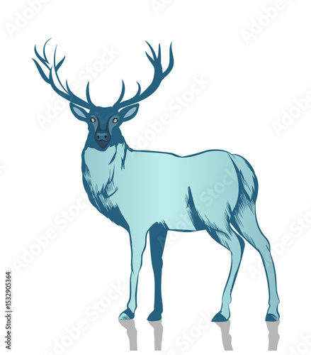 Stag is standing in flat design with white outline, blue and teal shades, transparent background