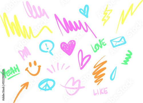 Pastel doodles are floating on transparent background, showing hearts, symbols and text tags