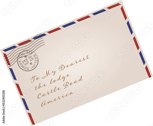 Vintage airmail envelope is angling on clear backdrop showing striped border stamp and cursive text