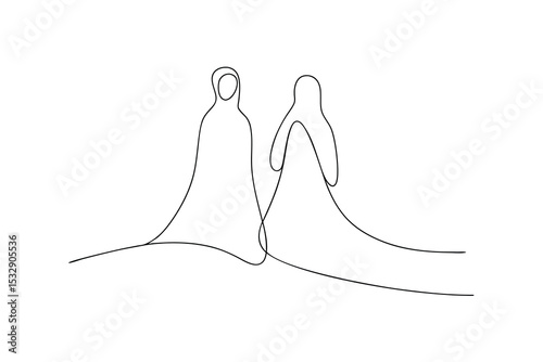 Two women in abayas line-art minimalist illustration