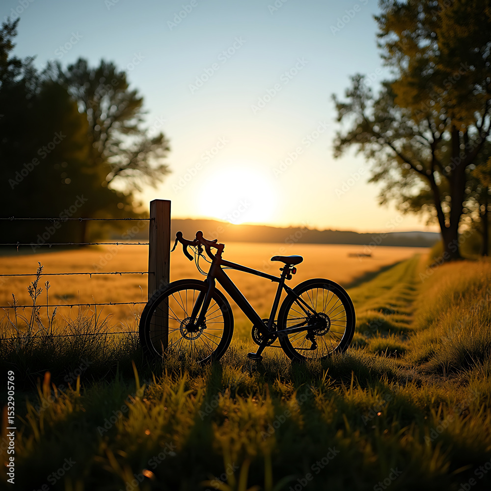Obraz premium Sunrise silhouette of a road bike by a fence