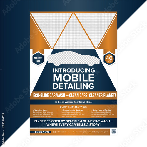 Car wash flyer featuring quick-clean services for sedans and SUVs including hand foam wash, tire scrubbing, and instant polish