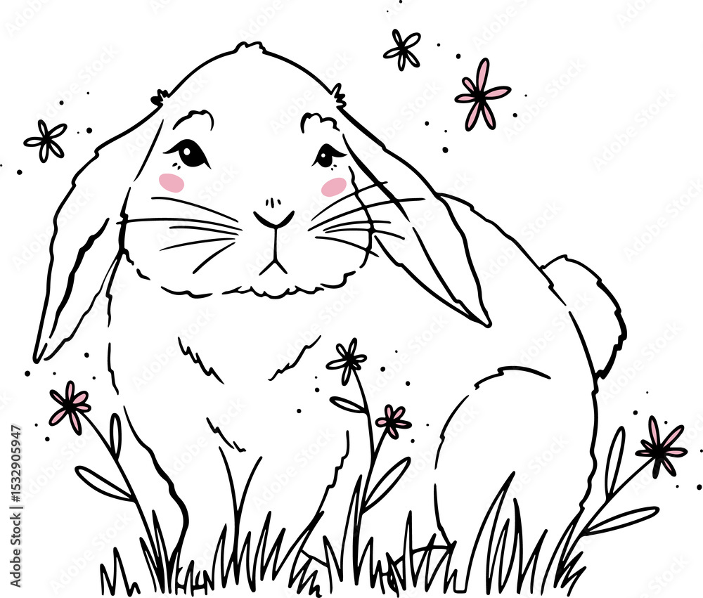 Obraz premium Line-drawn lop-eared rabbit is sitting in grass with pink-blush daisies on transparent background