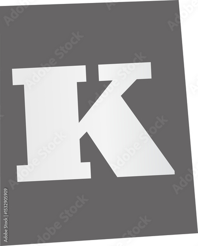 stylized uppercase letter K is floating on gray tilted plane in flat design, transparent background