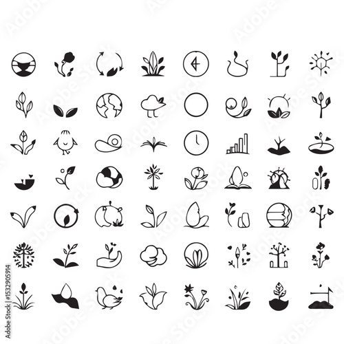 Collection of black and white nature and ecology icons