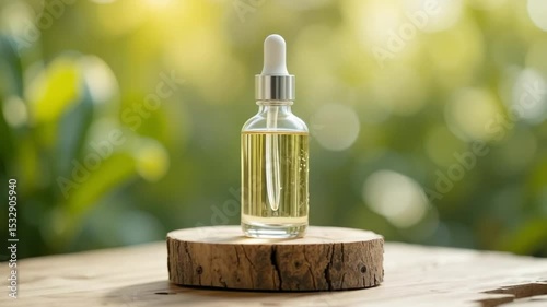 Close up of essential oil bottle with dropper on wooden base in nature