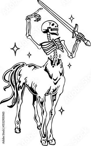 Line art illustration is showing skeletal centaur warrior wielding broadsword on transparent field