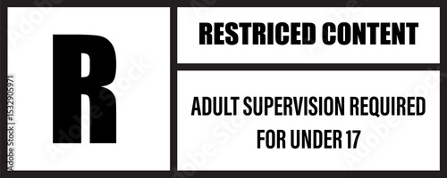 Content rating icon is displaying bold R and text panels in flat design on transparent background