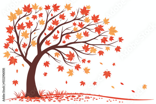 Autumn maple tree with falling leaves illustration