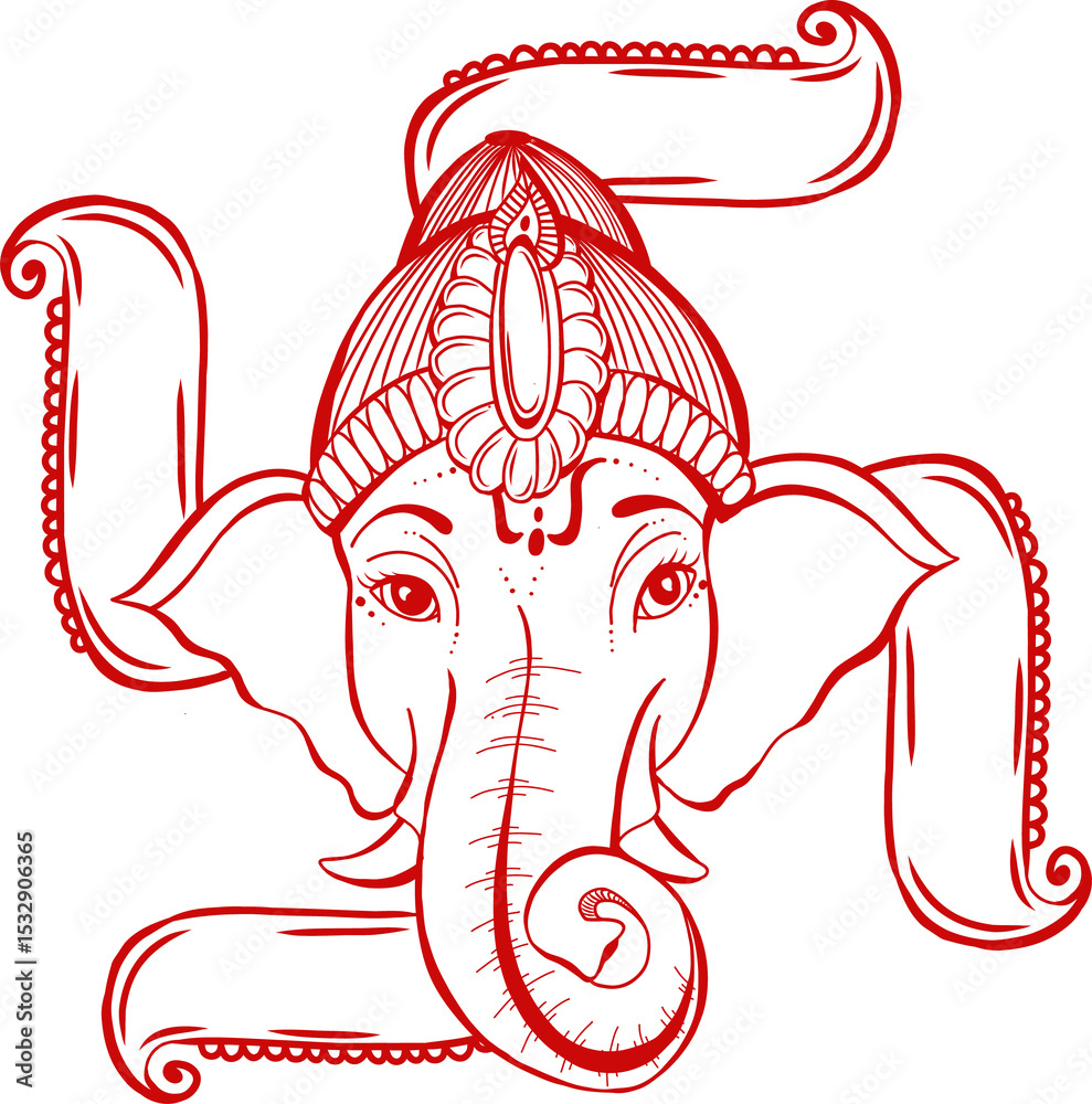 Naklejka premium Stylized red line art elephant head is showing ornate crown curving lines on transparent background