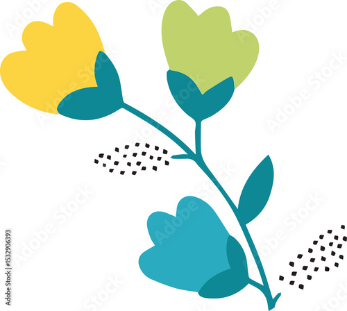 Botanical branch is being shown as flat vector with teal leaves, black dots, transparent background