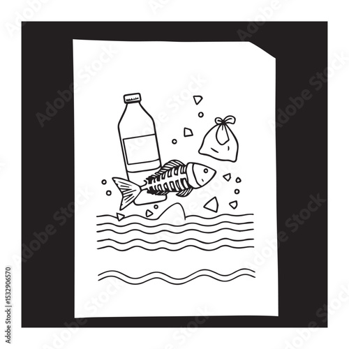 Ocean pollution illustration plastic bottle fish skeleton