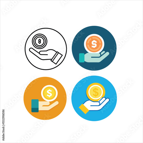 Four illustrations of a hand holding a coin in different color schemes