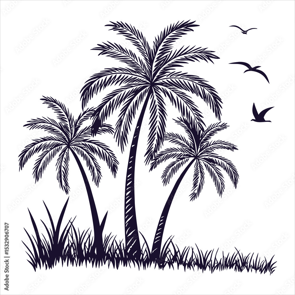 Serene Tropical Palm Trees Silhouette A Peaceful Beach Paradise Illustration