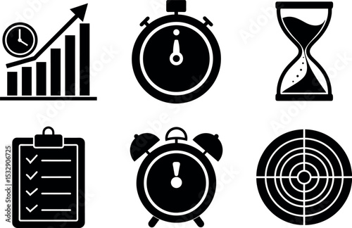 Time management and productivity tools silhouette vector illustration