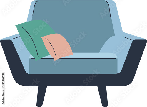 Showing geometric lounge chair on transparent background with light-blue seat, teal-peach pillows