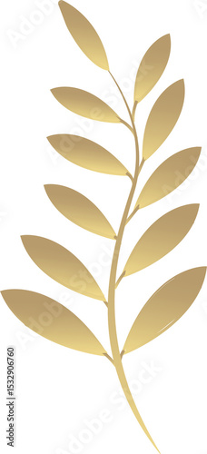 Golden leafy branch is being displayed as flat vector with gold gradient on transparent background