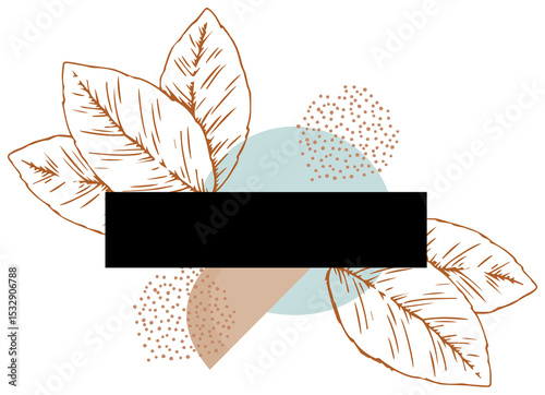 Hand-drawn leaves are floating over blue circle and beige shapes in flat illustration, transparent