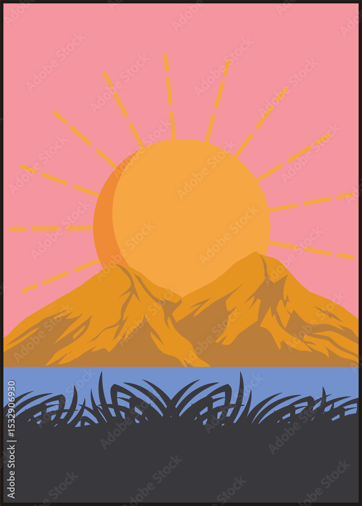 Fototapeta premium Flat design sun rising behind orange mountains over lake, grass silhouettes, transparent background