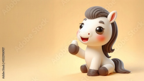 3D cute cartoon horse giving a thumbs up, sitting on a light yellow background, featuring a minimalistic design for children's art, illustrations, and playful, cheerful decor or branding concepts.