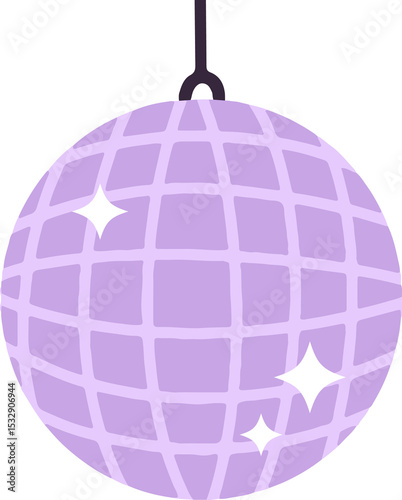 Flat design disco ball is hanging on purple cord with transparent background, grid facets sparkling photo