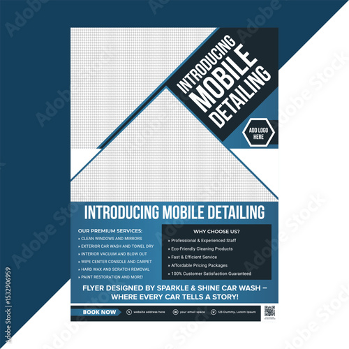 Stylish flyer template design for deluxe car wash packages with interior detailing, tire polish, wax finish, and fast delivery for mobile services