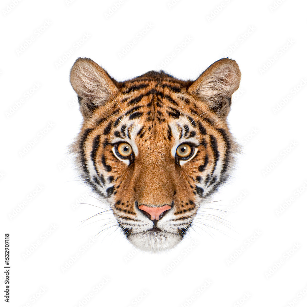 Obraz premium Young tiger cub emerging from white background