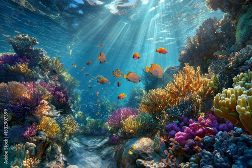 Vibrant coral reef with colorful fish swimming under sunlight  