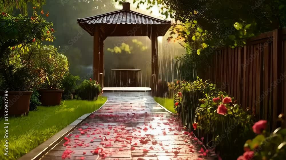A serene garden path under gentle rainfall leads to a gazebo with rose petals scattered across the walkway in peaceful sunlight.