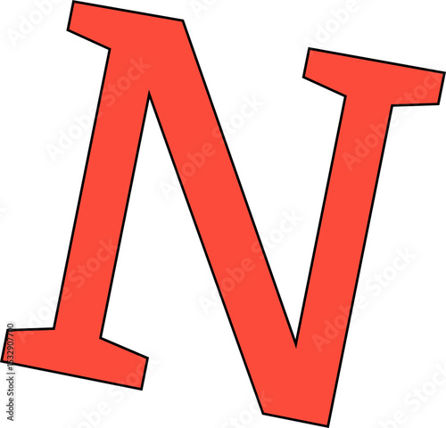 Flat design red serif letter N is being shown on transparent background, with black outline