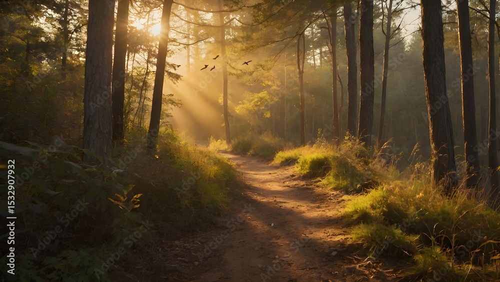 Naklejka premium Birds Flying Over Sunlit Forest Path